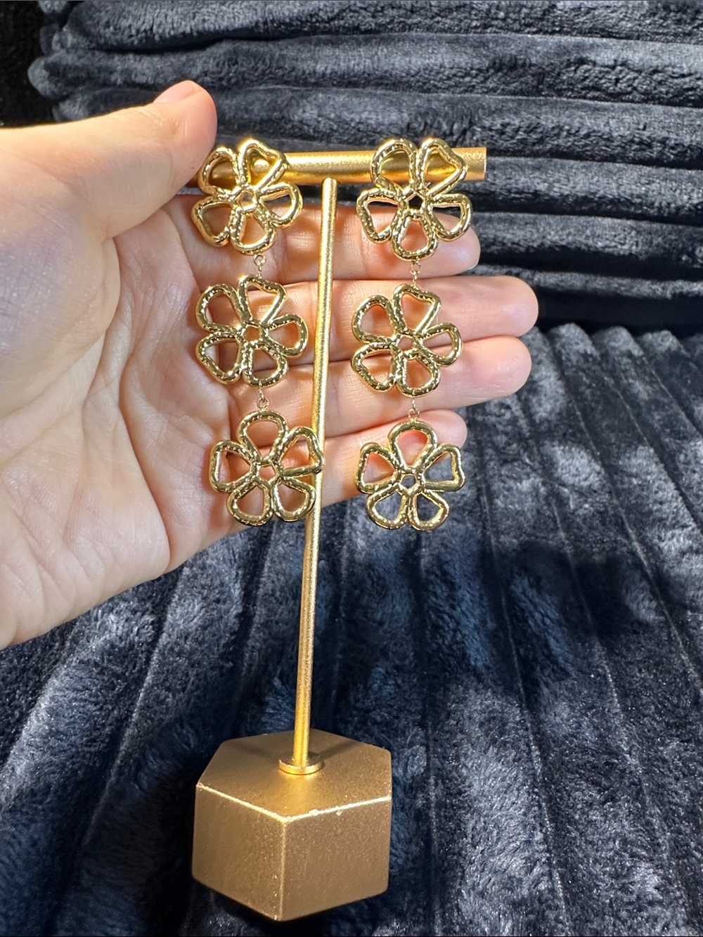 Kenneth Jay Lane Gold Floral Triple-Drop Earrings - Picture 9 of 15